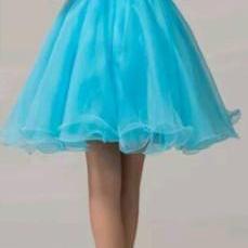 Lace And Blue Organza Cute Short Party Dress, Teen..