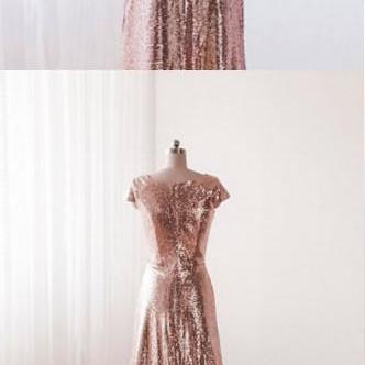 Sequins Pink A-line Bridesmaid Dresses, Cap..