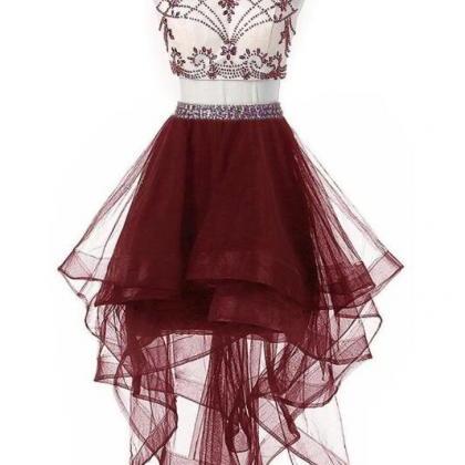 Two Piece Halter Tulle Beaded Homecoming Dress..