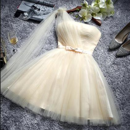 Champagne One Shoulder Tulle Bridesmaid Dresses,..