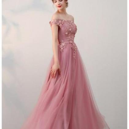 Dark Pink Off Shoulder Tulle Long Formal Gowns,..