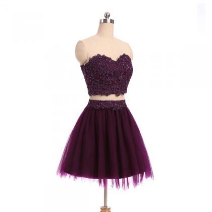 Two Piece Dark Purple Tulle Homecoming Dress,..