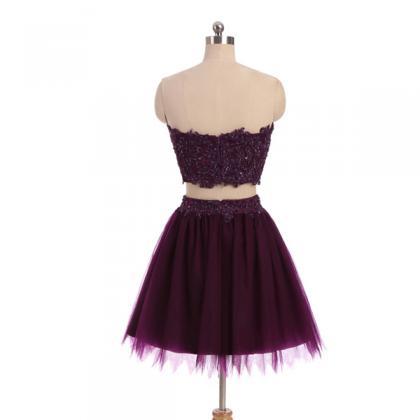 Two Piece Dark Purple Tulle Homecoming Dress,..