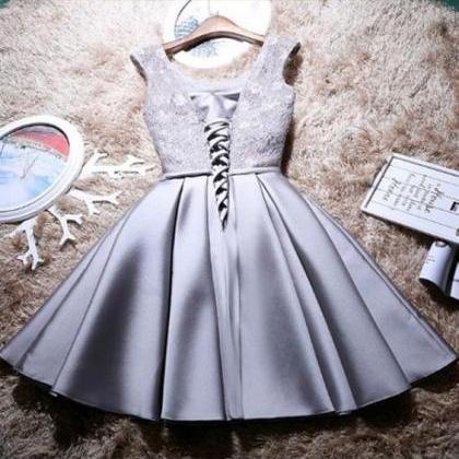 Grey Lace And Satin Homecoming Dress With Sash,..