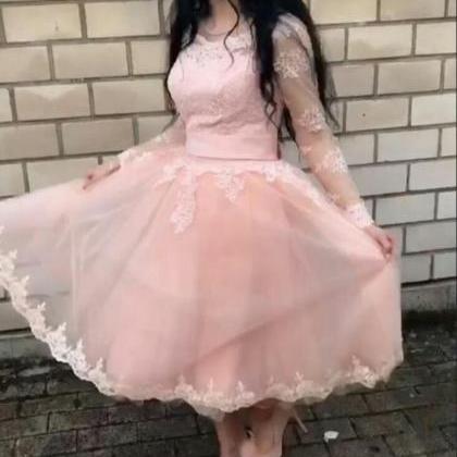 Cute Pink Long Sleeves Tea Length Party Dress,..