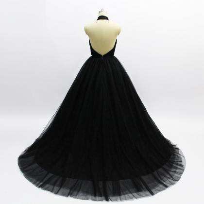 Black Tulle Halter Backless Long Prom Dress, Black..