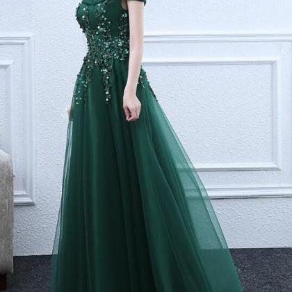 Green Off Shoulder Long Tulle Prom Dress 2019,..