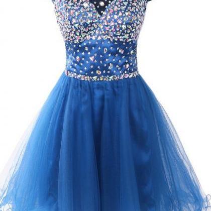 Blue Beaded Homecoming Dress, Tulle Party Dress,..