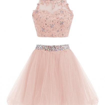 Pink Two Piece Tulle Homecoming Dresses, Beaded..