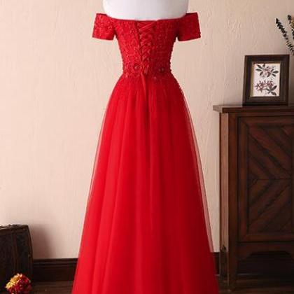 Red Off Shoulder Tulle Lace Floor Length Gowns,..