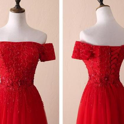 Red Off Shoulder Tulle Lace Floor Length Gowns,..