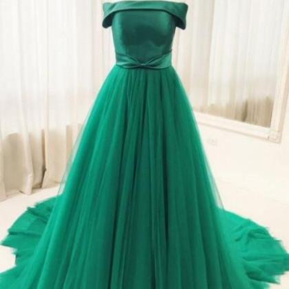 Green Tulle Sweep Train A Line Prom Dresses,..