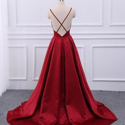 Straps Satin Sexy Wine Red Cross Back Long Prom..