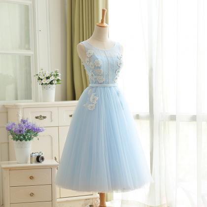 Light Blue Tea Length Gorgeous Party Dresses, Blue..