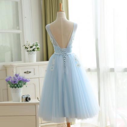 Light Blue Tea Length Gorgeous Party Dresses, Blue..