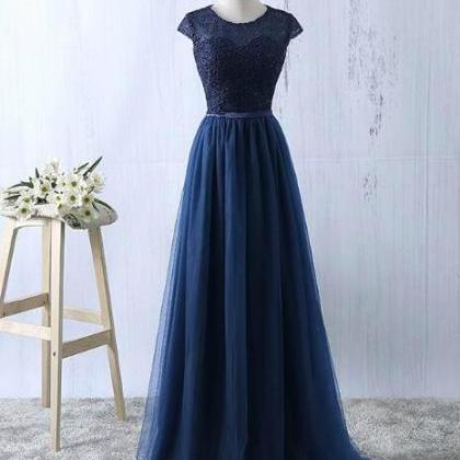 Lace And Tulle Navy Blue Long Prom Dresses,..
