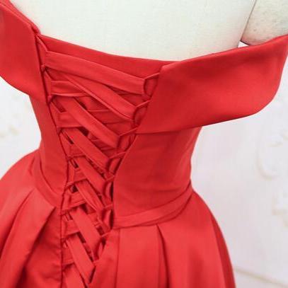 Red Off Shoulder Satin Homecoming Dresses, Simple..