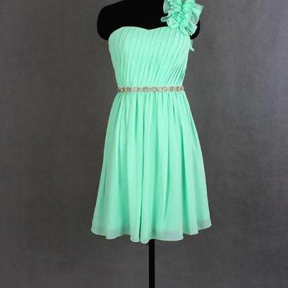 One Shoulder Mint Green Bridesmaid Dresses, Short..