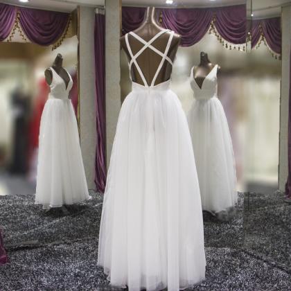White Simple Cross Back Wedding Dress, Beautiful..
