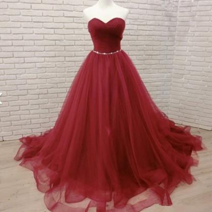 Wine Red Sweetheart Beaded Tulle Prom Dress, Prom..