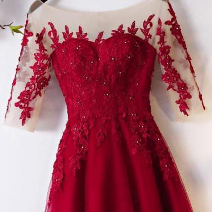 Wine Red Lovely Wedding Party Dress, Short Sleeves..