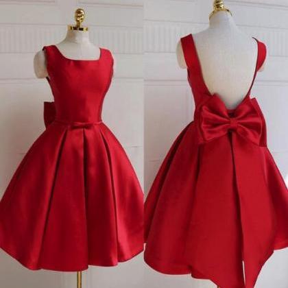 Red Satin Short Backless Prom Dress, Red..