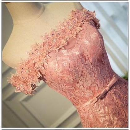 Lovely Pink Lace Off Shoulder Long Prom Dress..