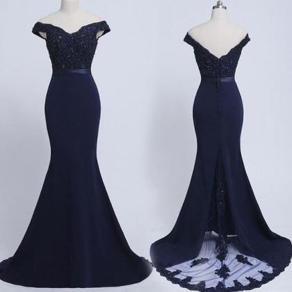 Navy Blue Mermaid Spandex Off Shoulder With Lace..