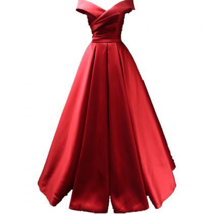 Red Satin Long Prom Dress, Red Off Shoulder Formal..
