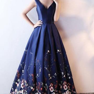 Navy Blue Floral Satin Long Party Gowns, Lace Prom..