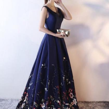 Navy Blue Floral Satin Long Party Gowns, Lace Prom..