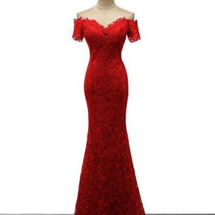 Red Off Shoulder Lace Mermaid Long Party Dress,..