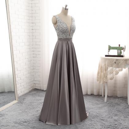 Grey Satin And Beaded V-neckline Long Prom Dress,..
