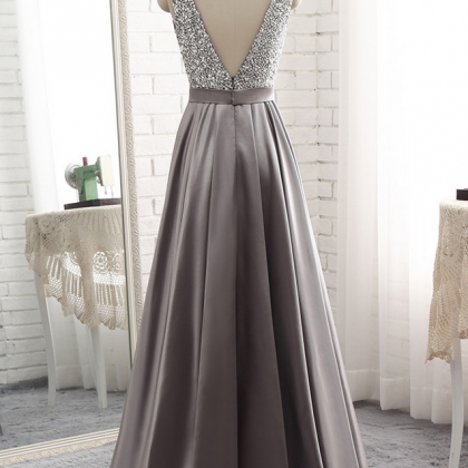 Grey Satin And Beaded V-neckline Long Prom Dress,..