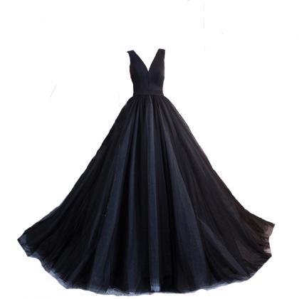 Charming Black Tulle V-neckline Formal Gown, Black..