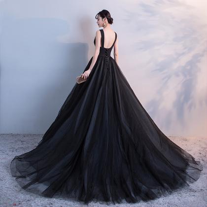 Charming Black Tulle V-neckline Formal Gown, Black..
