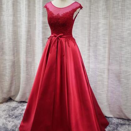 Red Satin Long Prom Dress, Round Neckline Charming..