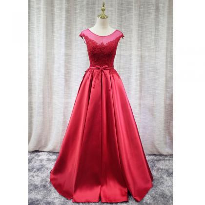 Red Satin Long Prom Dress, Round Neckline Charming..