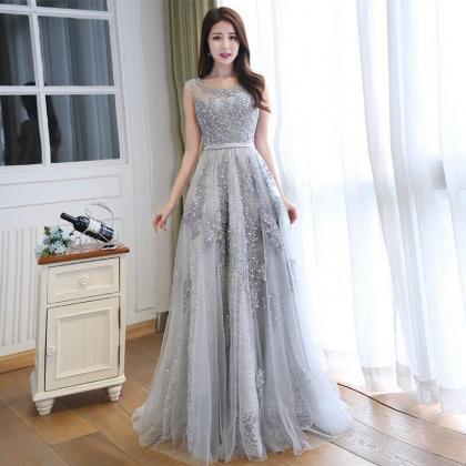 Grey Lace and Tulle Long Formal Dre..