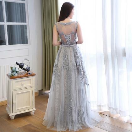 Grey Lace and Tulle Long Formal Dre..