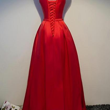 Red Simple Satin Floor Length Lace-up Party Dress,..