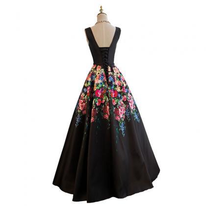 Black Floral Satin V-neckline Prom Dress, Charming..