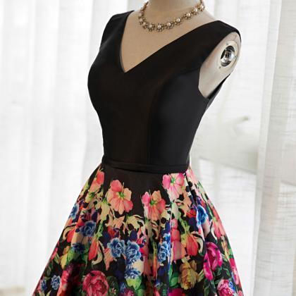 Black Floral Satin V-neckline Prom Dress, Charming..