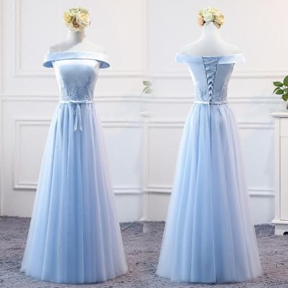 Light Blue Off Shoulder Long Wedding Party Dress,..