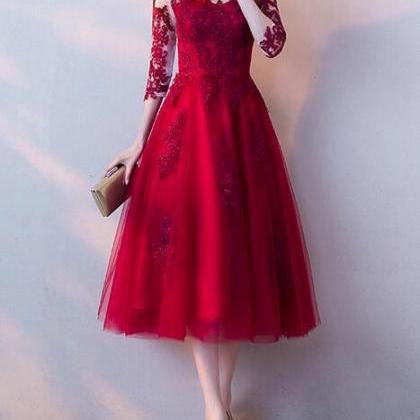 Wine Red Short Sleeve Tea Length Party Dress,..