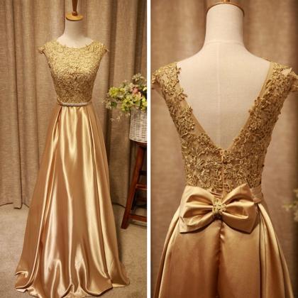 Champagne Satin And Lace Long V-neckline Long Prom..