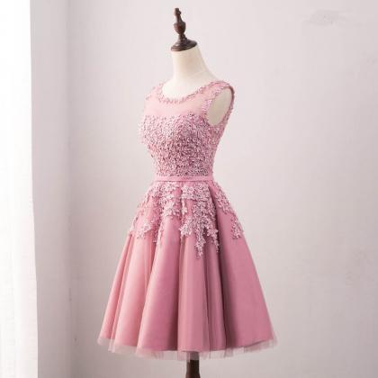 Pink Round Neckline Tulle Beaded Lace Applique..