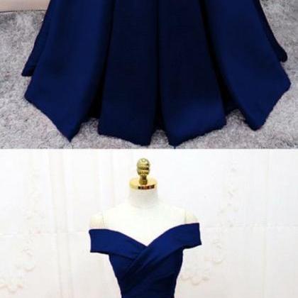 Navy Blue Satin Off Shoulder Elegant Formal Gown,..