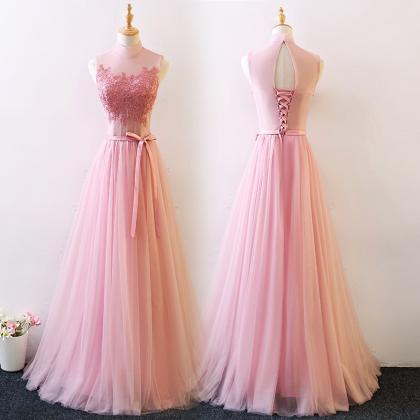 Pink Halter Tulle A-line Junior Prom Gown,..
