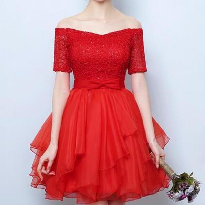 Red Lace Cute Short Party Dress, Red Homecoming..